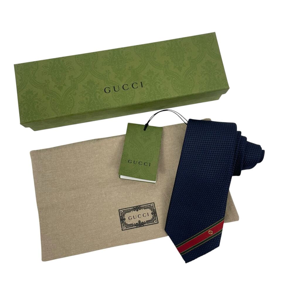 Gucci The Ricand Woven 100% Silk Tie Navy Green Red Stripe - Picture 8 of 8